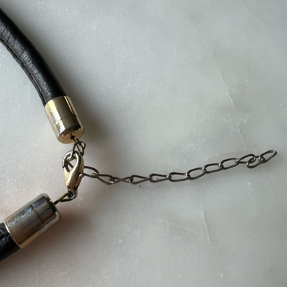 Vintage Black Leather Collar Necklace Gold Accent Statement, Hong Kong 80s 90s - Picture 6 of 6
